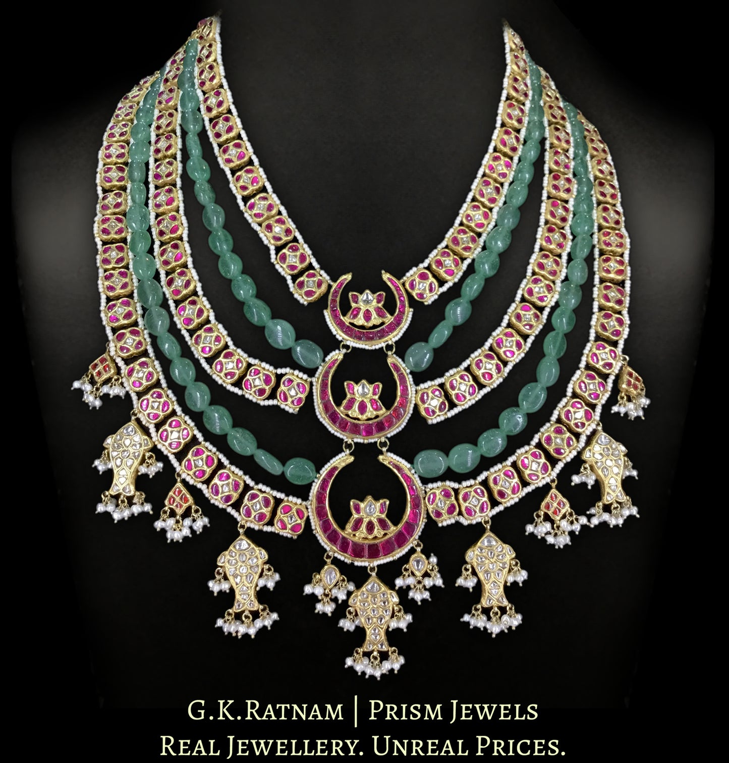 23K Gold and Diamond Polki Raanihaar / Patrihaar Necklace With Fish Motifs - G. K. Ratnam