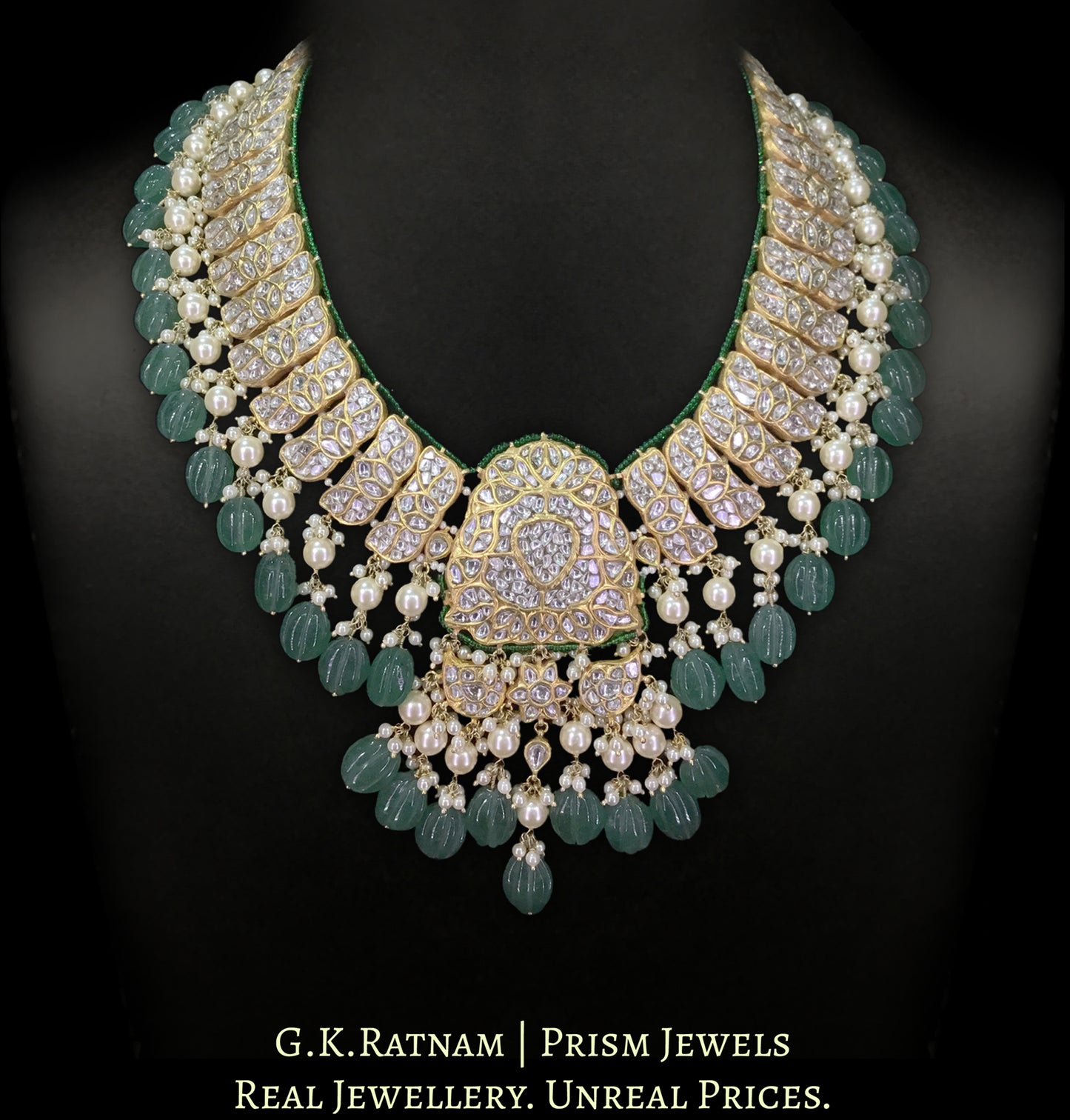 23k Gold and Diamond Polki Long Necklace Set with Carved Long Melons and Lustrous Pearls - G. K. Ratnam