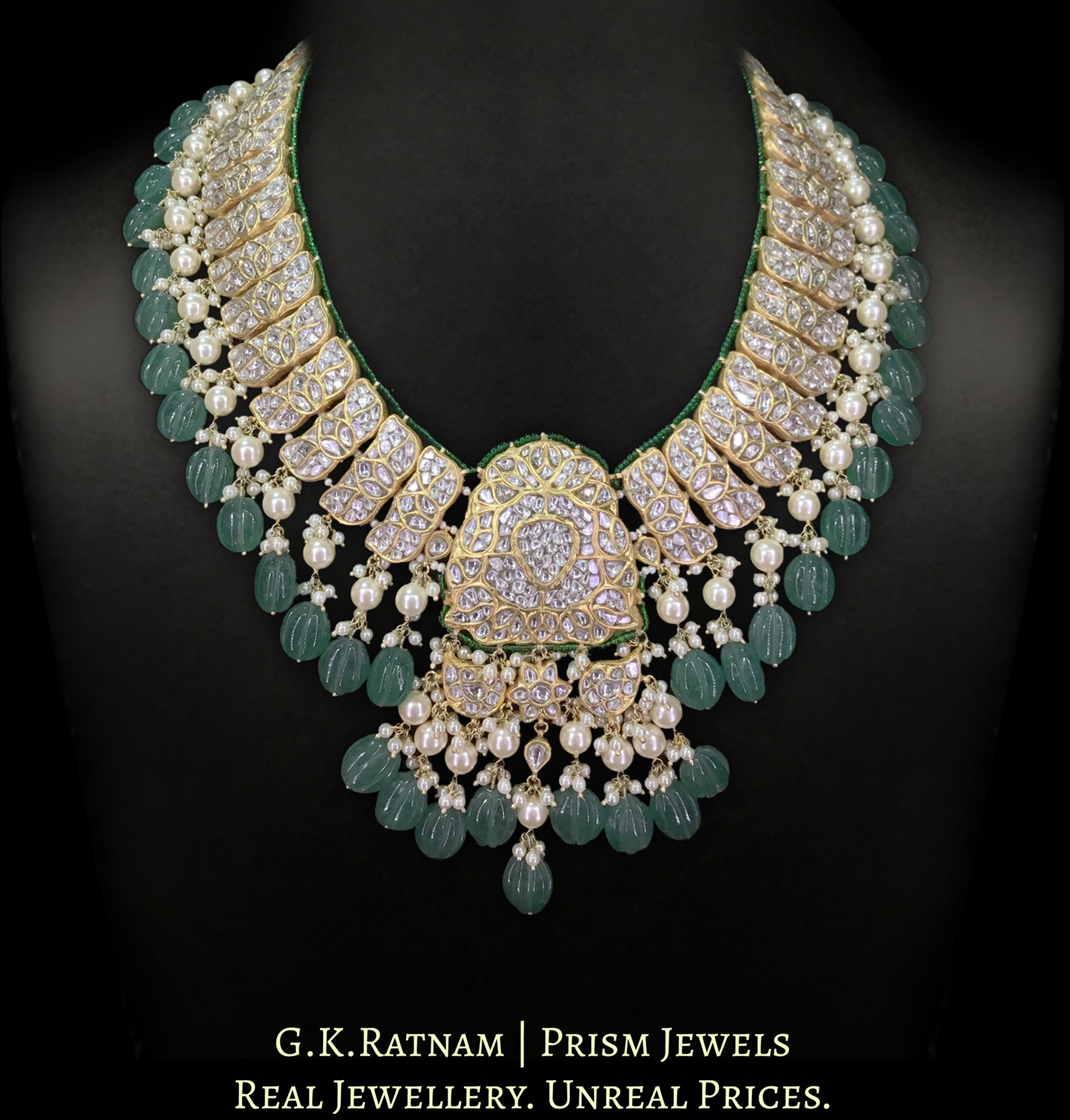 23k Gold and Diamond Polki Long Necklace Set with Carved Long Melons and Lustrous Pearls - G. K. Ratnam