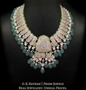 23k Gold and Diamond Polki Long Necklace Set with Carved Long Melons and Lustrous Pearls