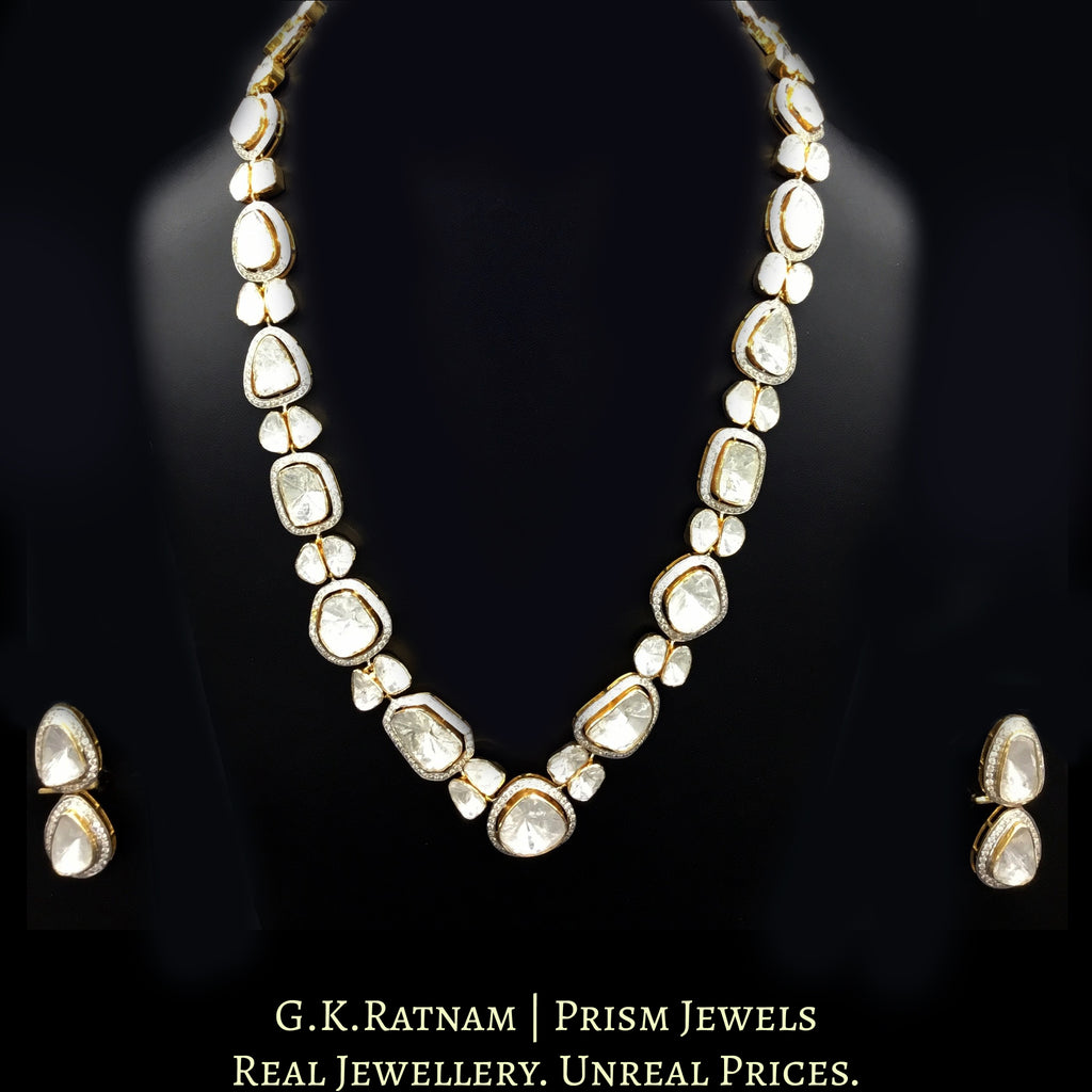14k Gold and Diamond Polki Open Setting Long Necklace Set with big uncut diamonds surrounded by cut diamonds