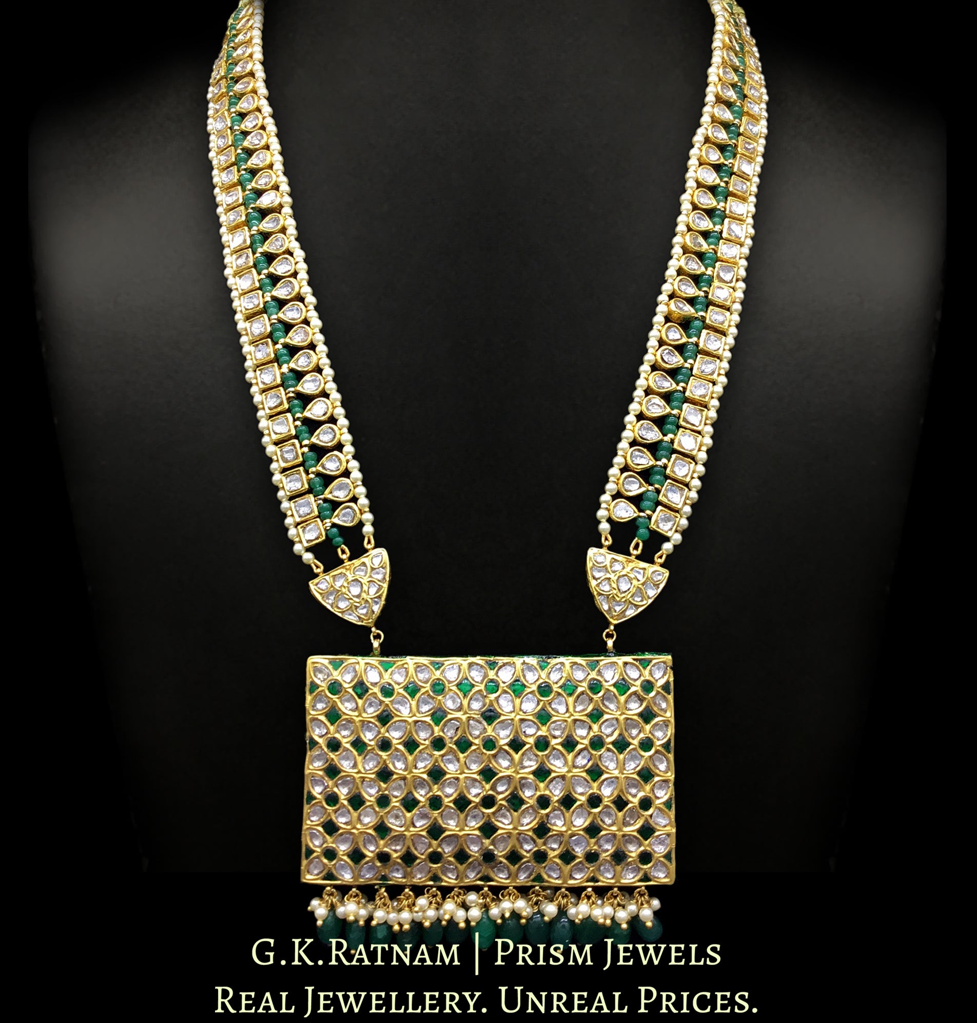 23k Gold and Diamond Polki green rectangle Pendant with Patrihaar / Ranihaar