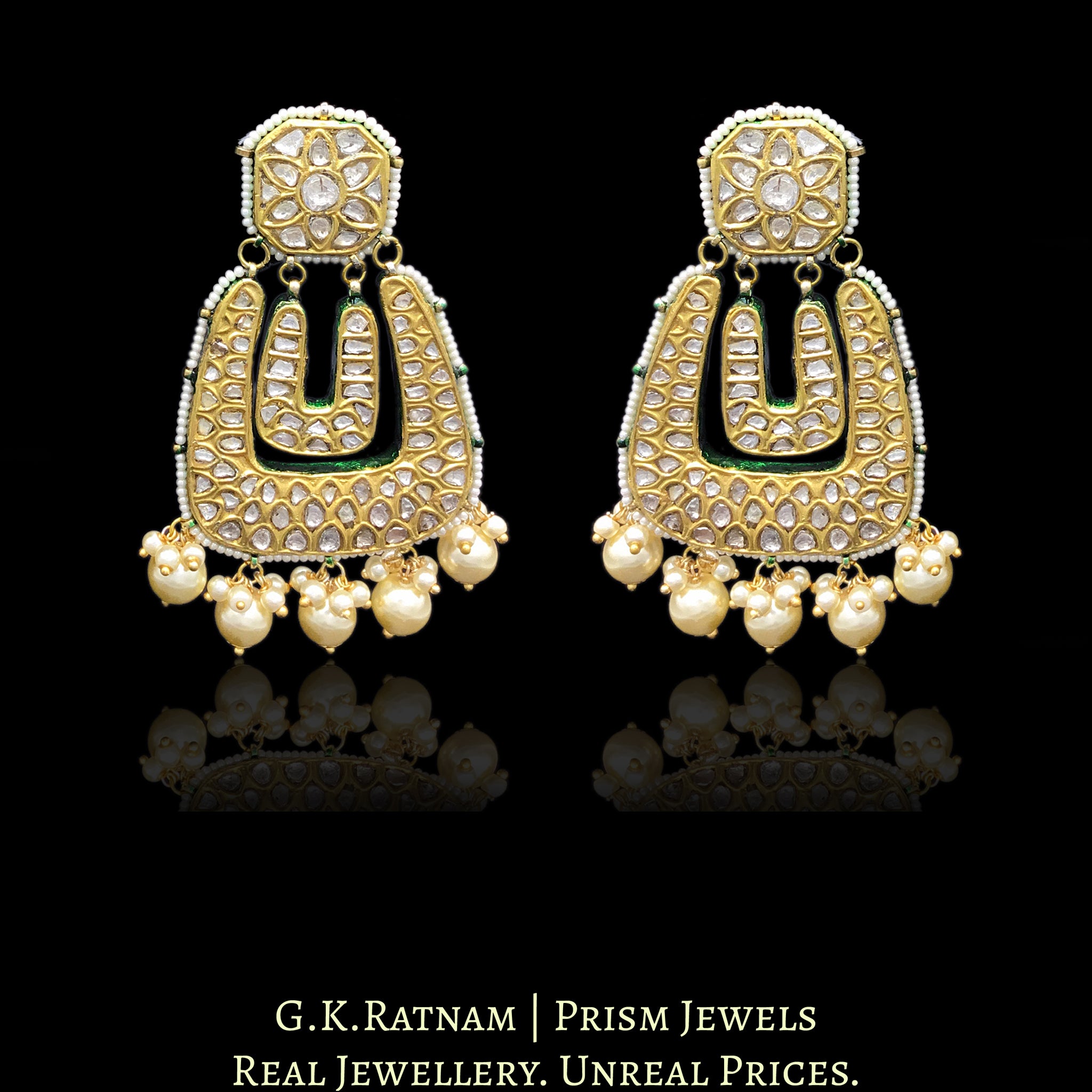 23k Gold and Diamond Polki Chand Bali Earring Pair with long U-shaped chands