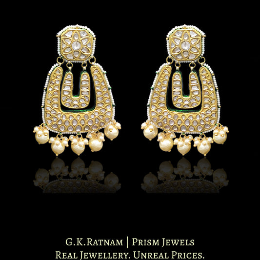 23k Gold and Diamond Polki Chand Bali Earring Pair with long U-shaped chands