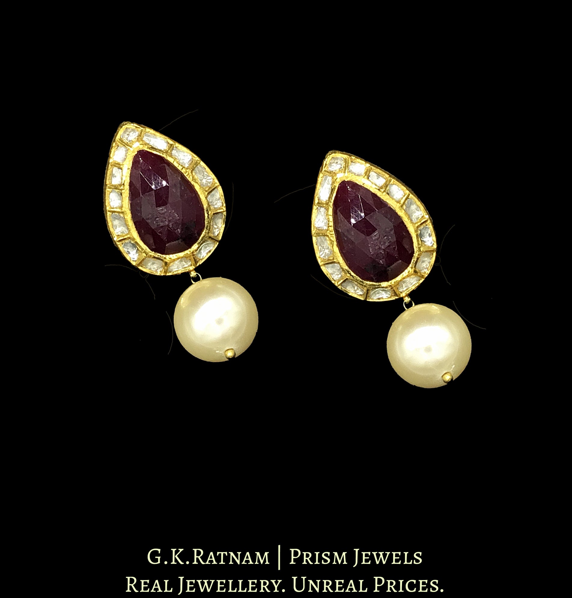 18k Gold and Diamond Polki Tops / Studs Earring Pair with pear-shaped Rubies encased by uncuts - G. K. Ratnam