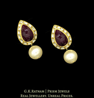 18k Gold and Diamond Polki Tops / Studs Earring Pair with pear-shaped Rubies encased by uncuts - G. K. Ratnam