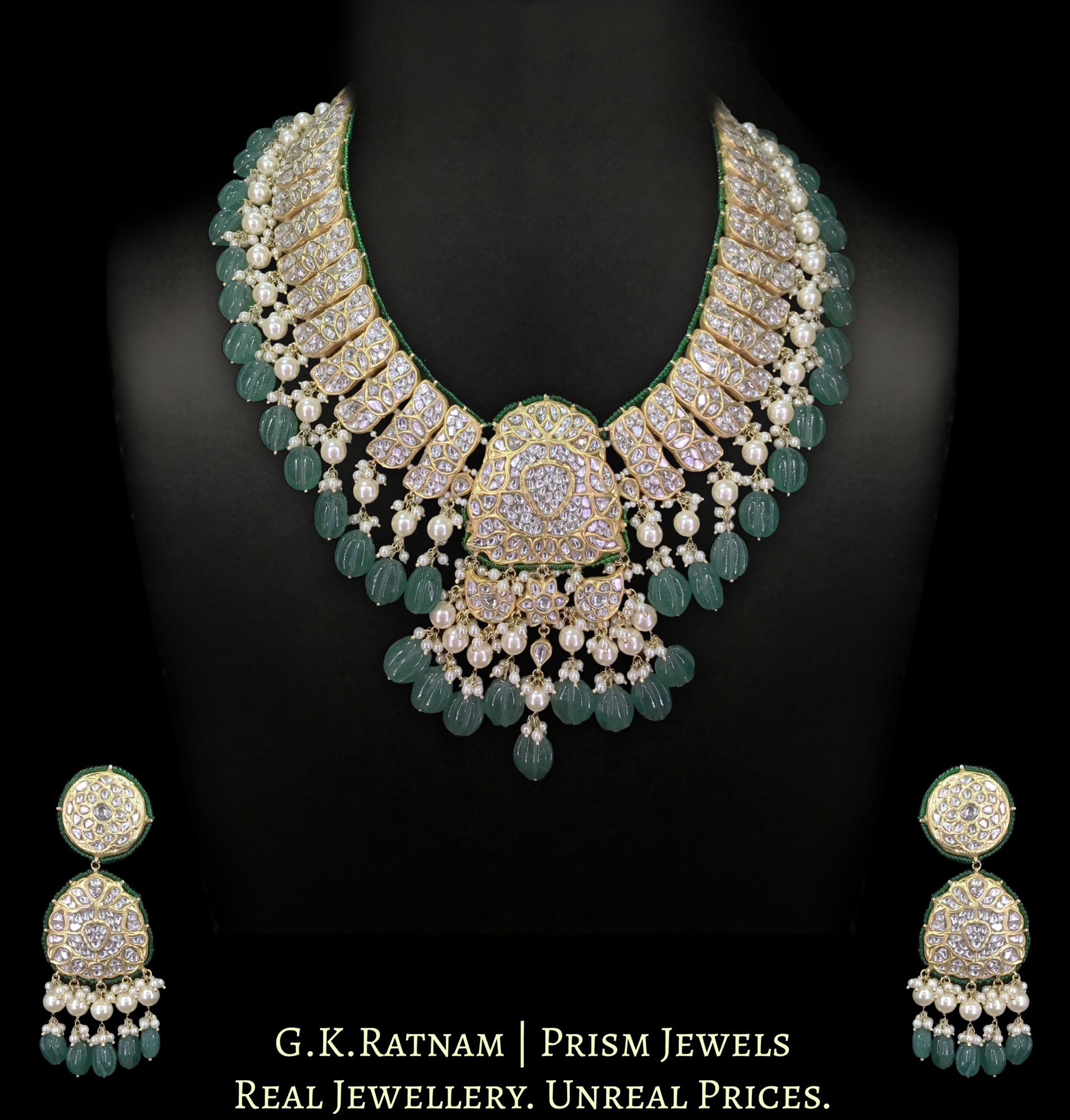 23k Gold and Diamond Polki Long Necklace Set with Carved Long Melons and Lustrous Pearls - G. K. Ratnam