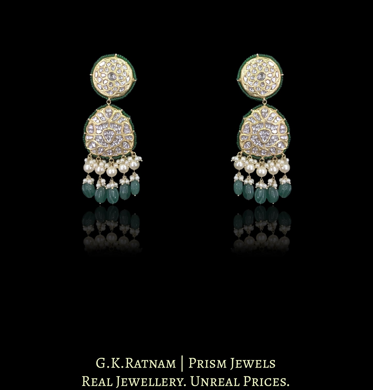 23k Gold and Diamond Polki Long Necklace Set with Carved Long Melons and Lustrous Pearls - G. K. Ratnam