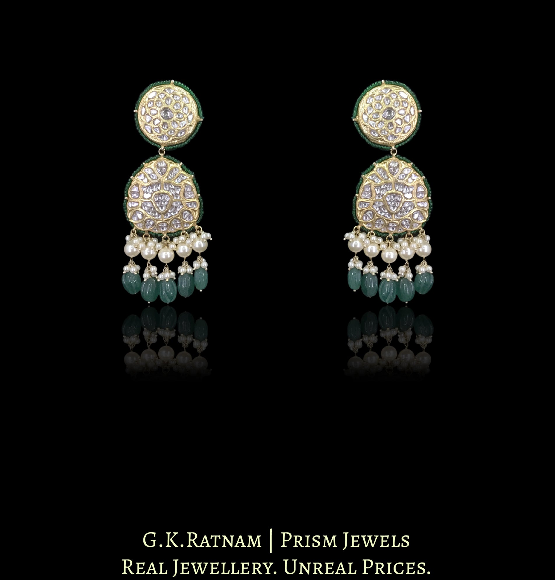 23k Gold and Diamond Polki Long Necklace Set with Carved Long Melons and Lustrous Pearls - G. K. Ratnam