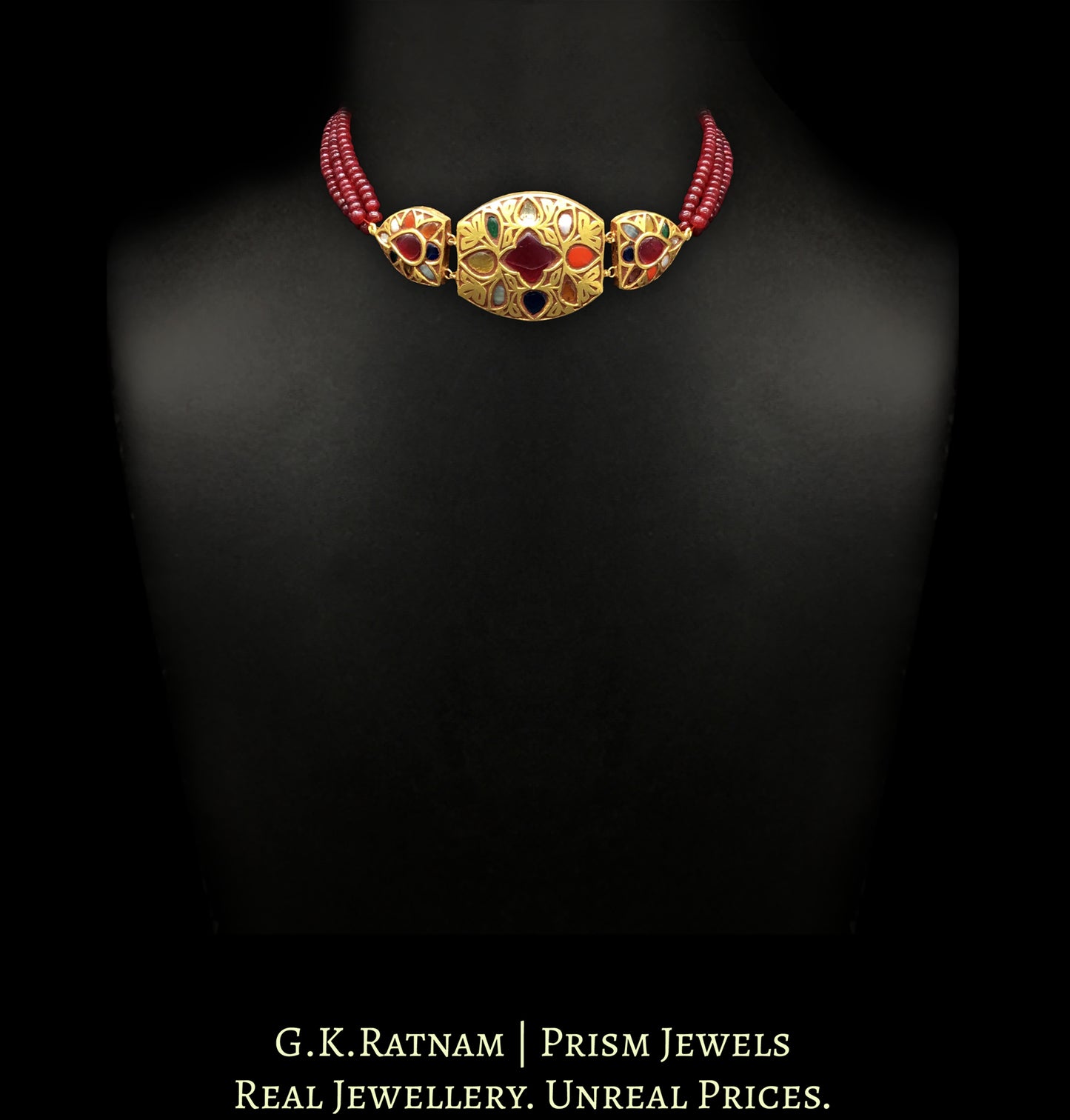 23k Gold and Diamond Polki Navratna Choker Necklace with Rubies