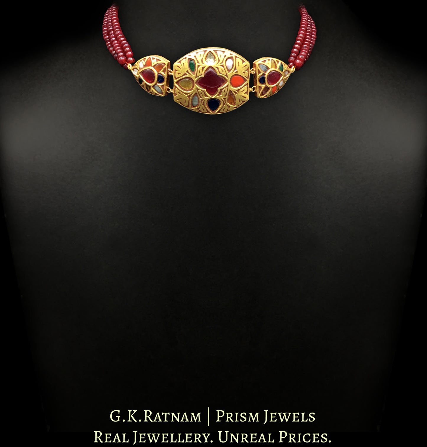 23k Gold and Diamond Polki Navratna Choker Necklace with Rubies
