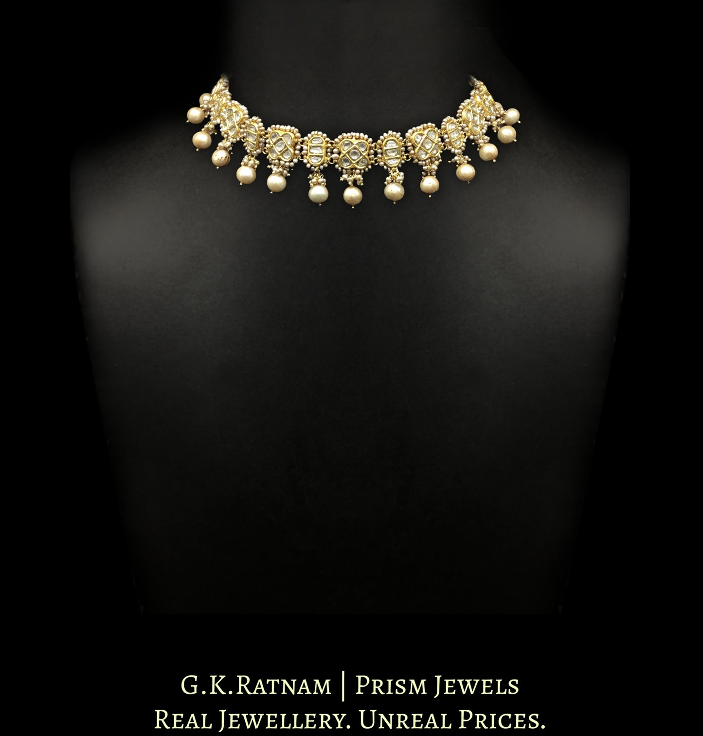 23k Gold and Diamond Polki Choker Necklace with Antiqued Hyderabadi Pearls - G. K. Ratnam