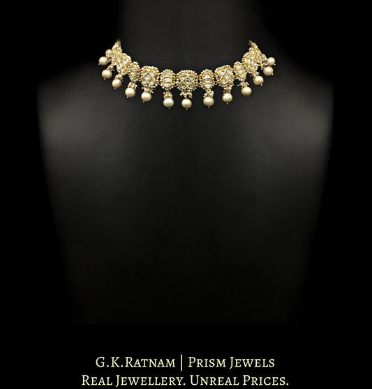 23k Gold and Diamond Polki Choker Necklace with Antiqued Hyderabadi Pearls - G. K. Ratnam