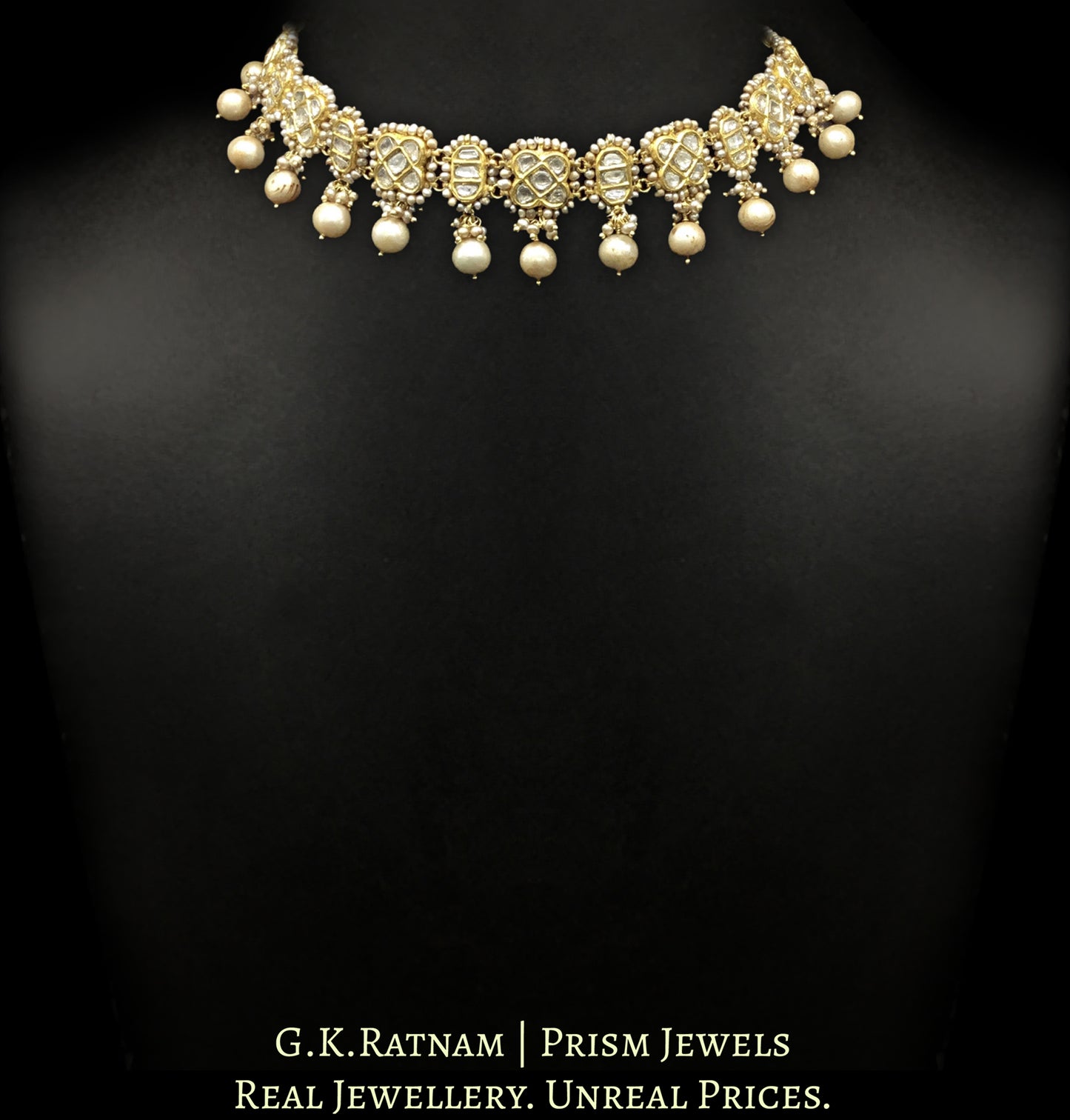 23k Gold and Diamond Polki Choker Necklace with Antiqued Hyderabadi Pearls - G. K. Ratnam
