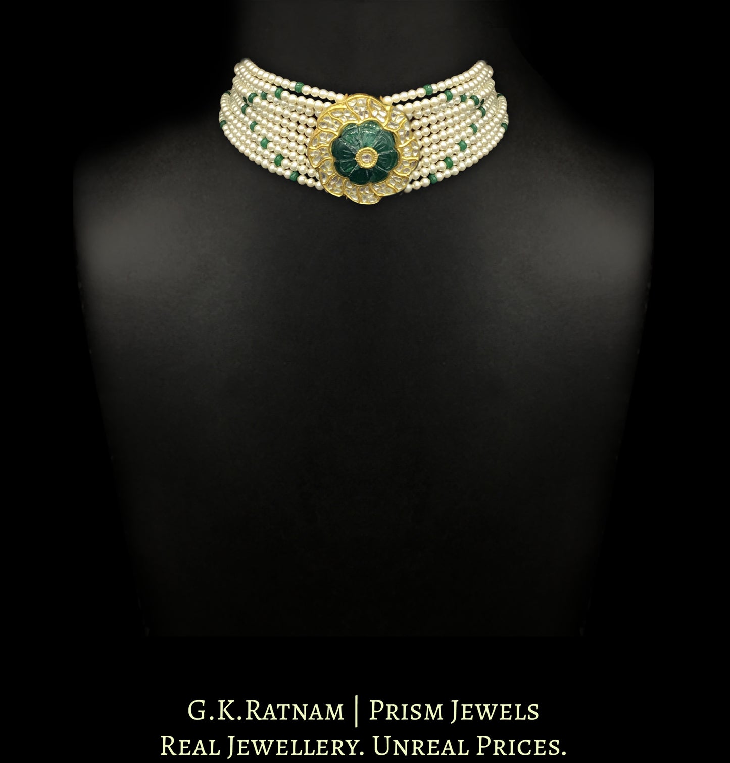 23k Gold and Diamond Polki Choker Necklace with hand-carved Green Beryl
