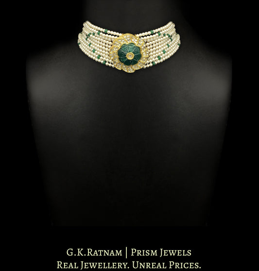23k Gold and Diamond Polki Choker Necklace with hand-carved Green Beryl