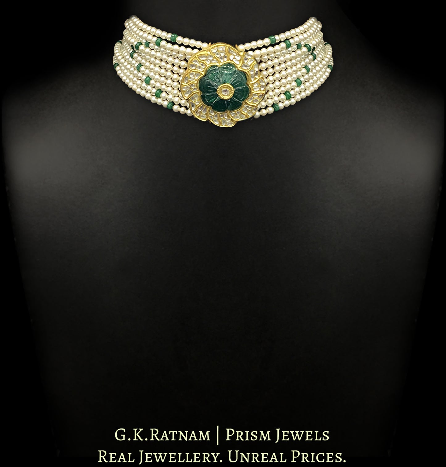 23k Gold and Diamond Polki Choker Necklace with hand-carved Green Beryl