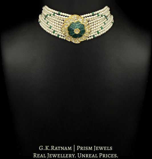 23k Gold and Diamond Polki Choker Necklace with hand-carved Green Beryl