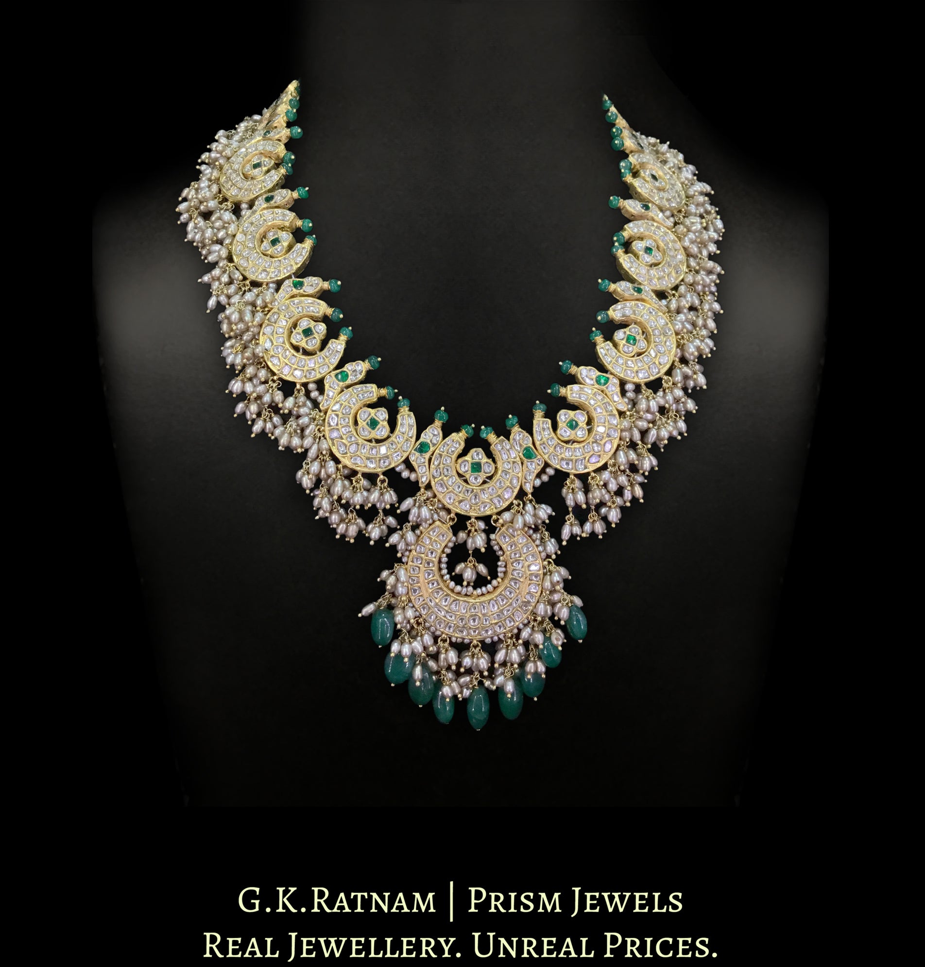 23K Gold and Diamond Polki Long Necklace with Chand Motifs strung in Antiqued Rice Pearls and Beryls