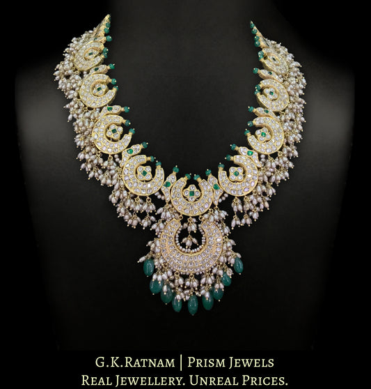 23K Gold and Diamond Polki Long Necklace with Chand Motifs strung in Antiqued Rice Pearls and Beryls