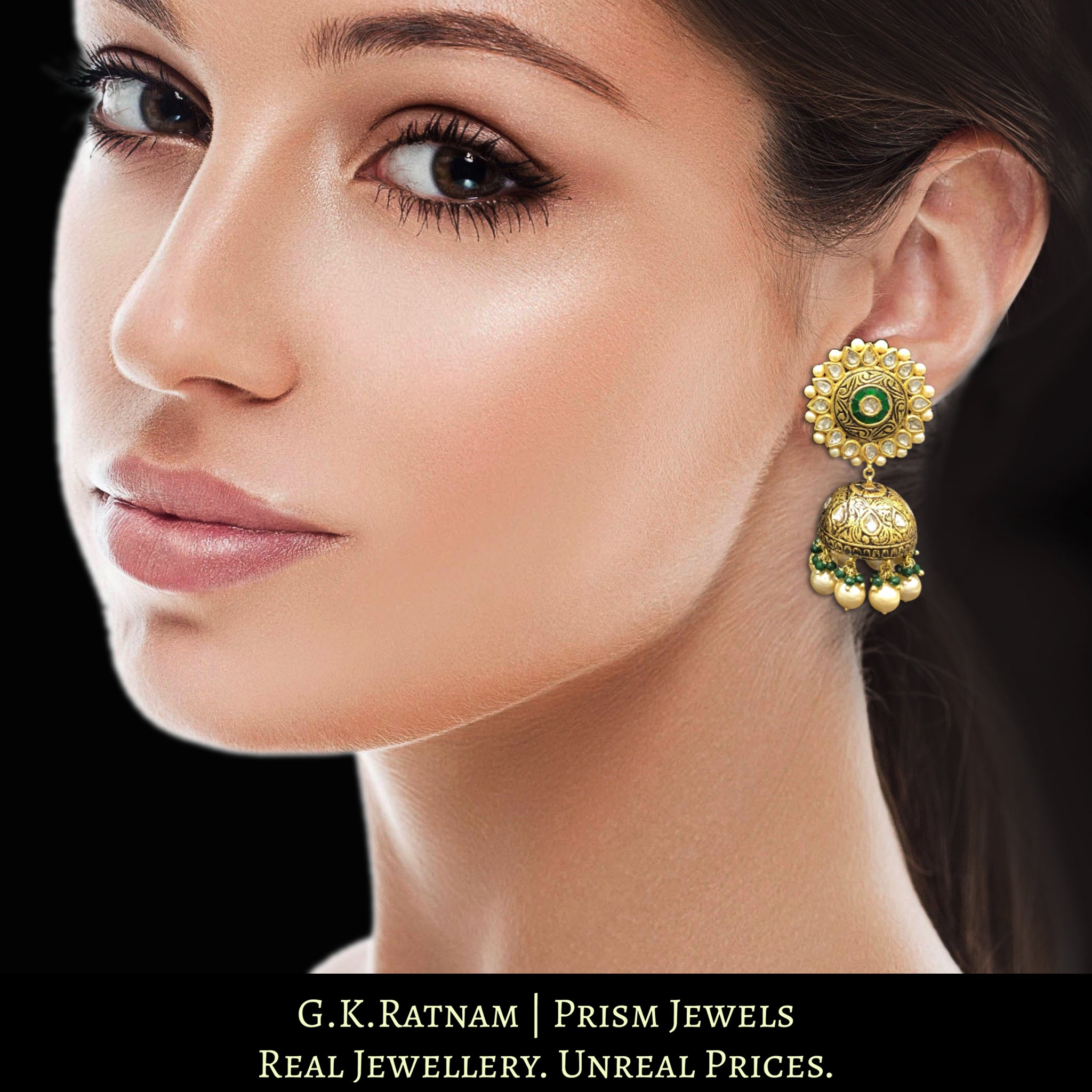 23k Gold and Diamond Polki Antique Karanphool and Jhumki Earring Pair with intricate goldwork