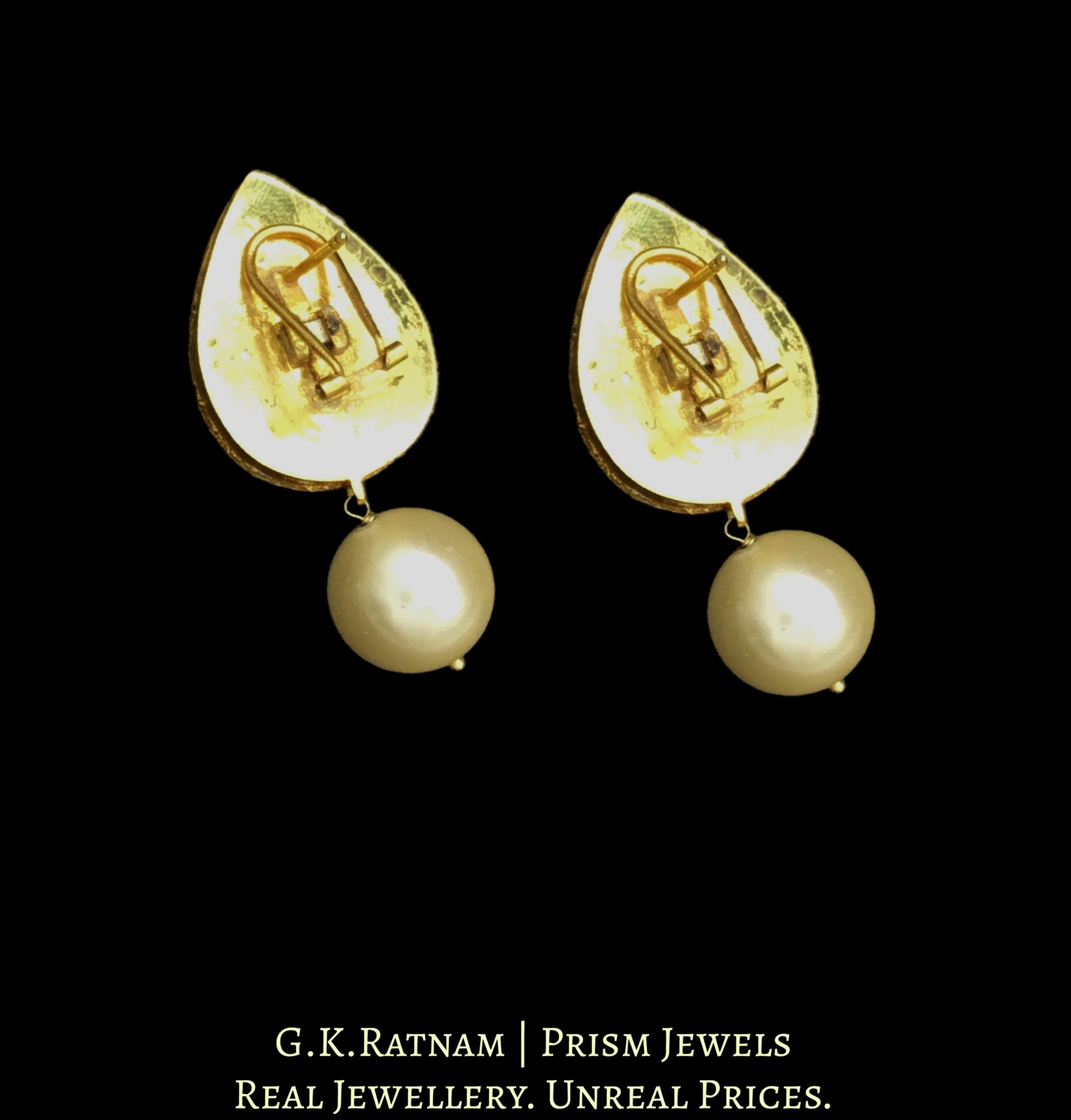18k Gold and Diamond Polki Tops / Studs Earring Pair with pear-shaped Rubies encased by uncuts - G. K. Ratnam