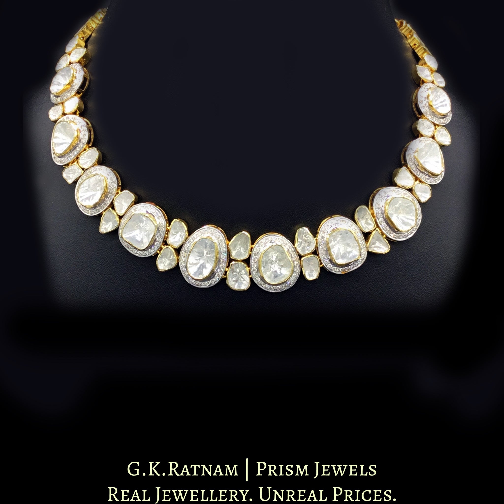 14k Gold and Diamond Polki Open Setting Necklace Set with far sized uncut diamonds