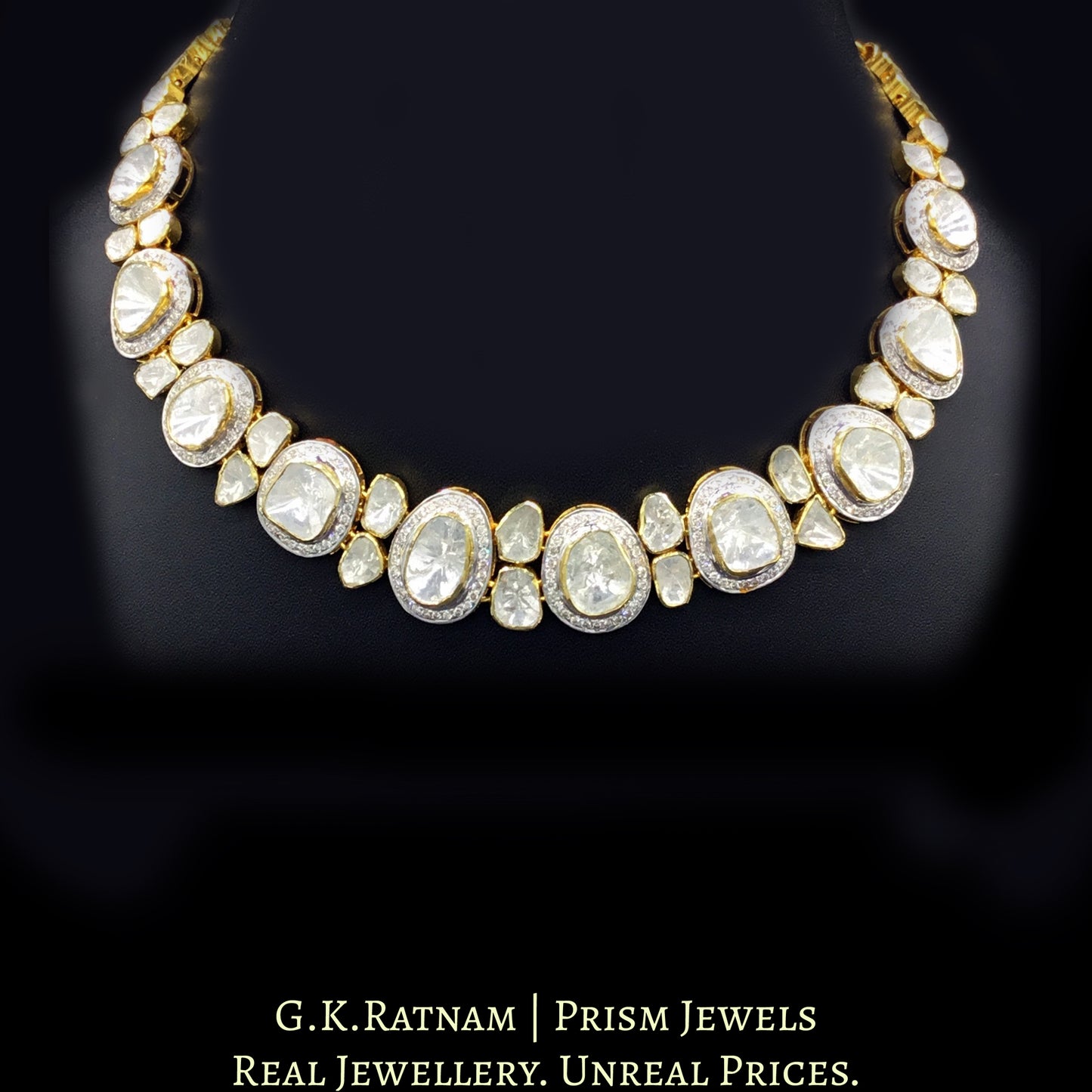 14k Gold and Diamond Polki Open Setting Necklace Set with far sized uncut diamonds - G. K. Ratnam