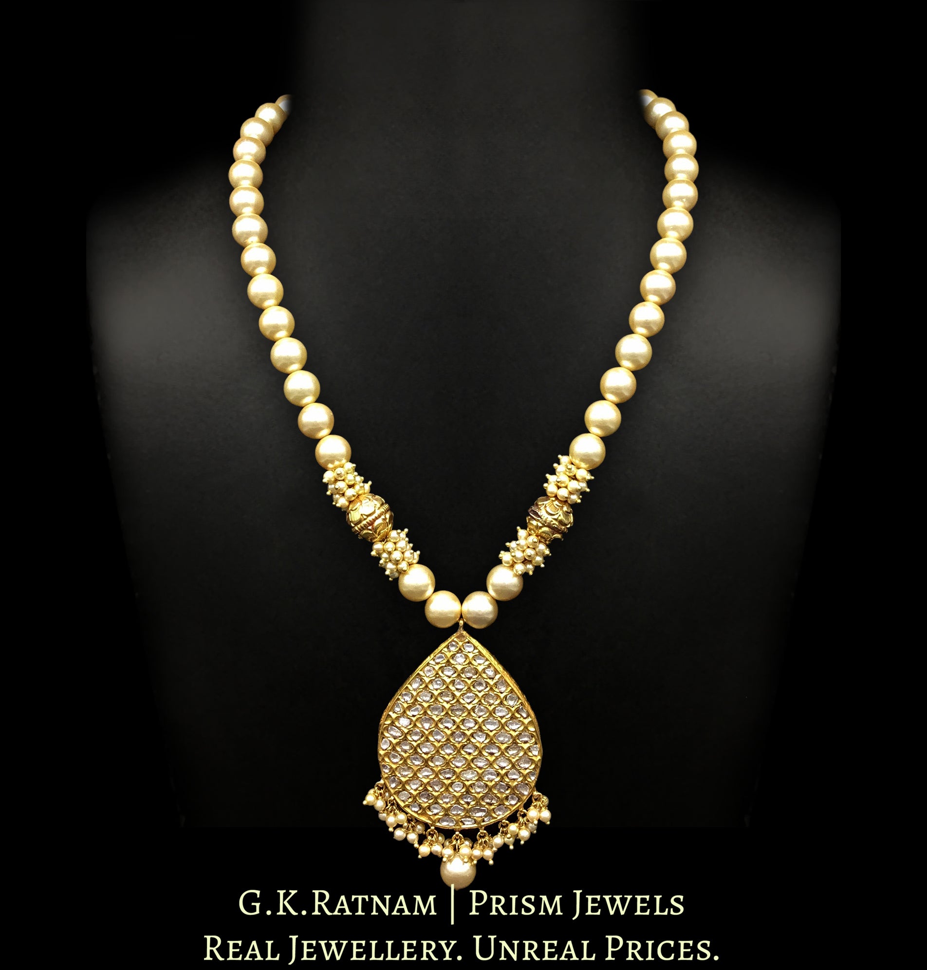23k Gold and Diamond Polki tilak (pear) shaped Pendant with pearls and hand carved golden balls