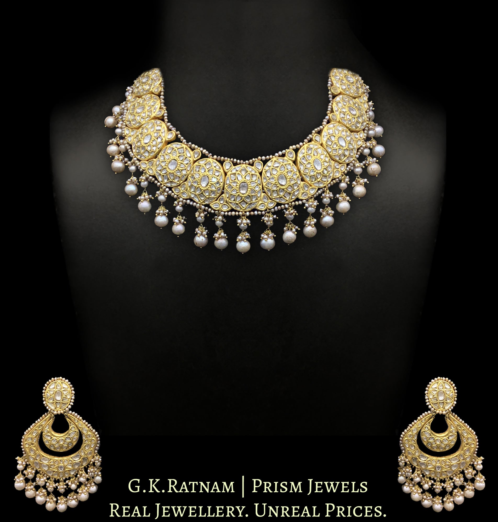 23k Gold and Diamond Polki Necklace Set With basra-like Antiqued Hyderabadi Pearls