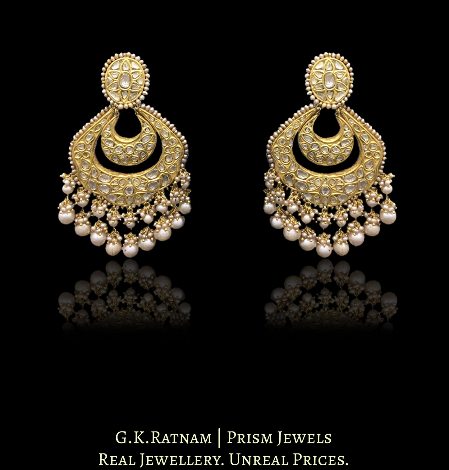 23k Gold and Diamond Polki Necklace Set With basra-like Antiqued Hyderabadi Pearls