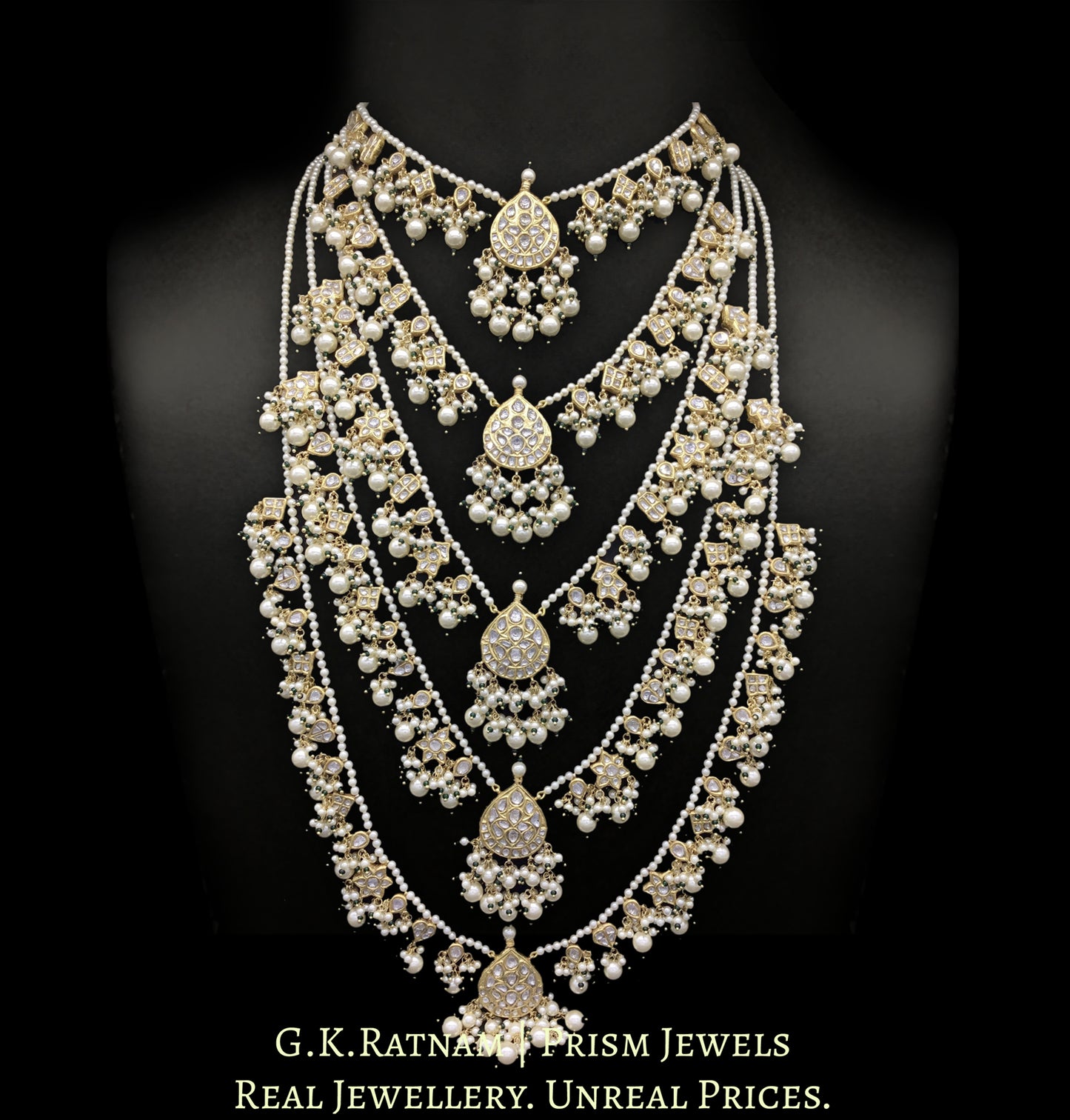 23k Gold and Diamond Polki panch-lad (five-row) Necklace with Lustrous Pearls and a touch of green - G. K. Ratnam