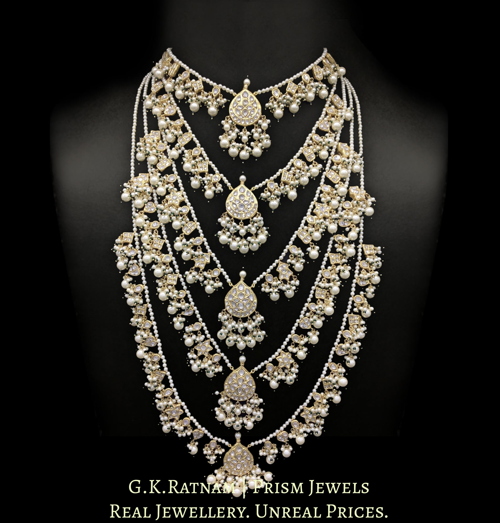 23k Gold and Diamond Polki panch-lad (five-row) Necklace with Lustrous Pearls and a touch of green - G. K. Ratnam
