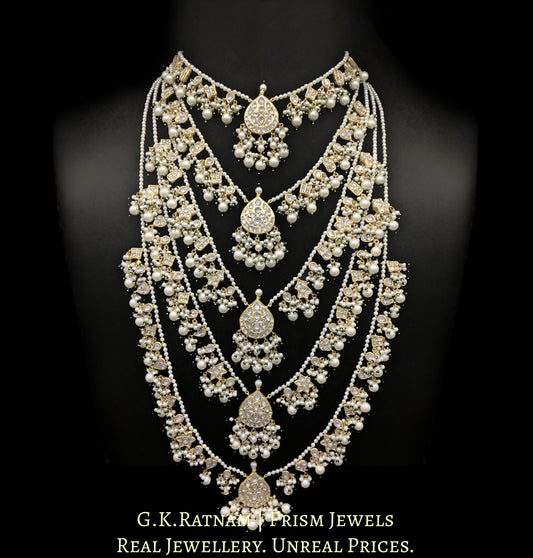 23k Gold and Diamond Polki panch-lad (five-row) Necklace with Lustrous Pearls and a touch of green - G. K. Ratnam