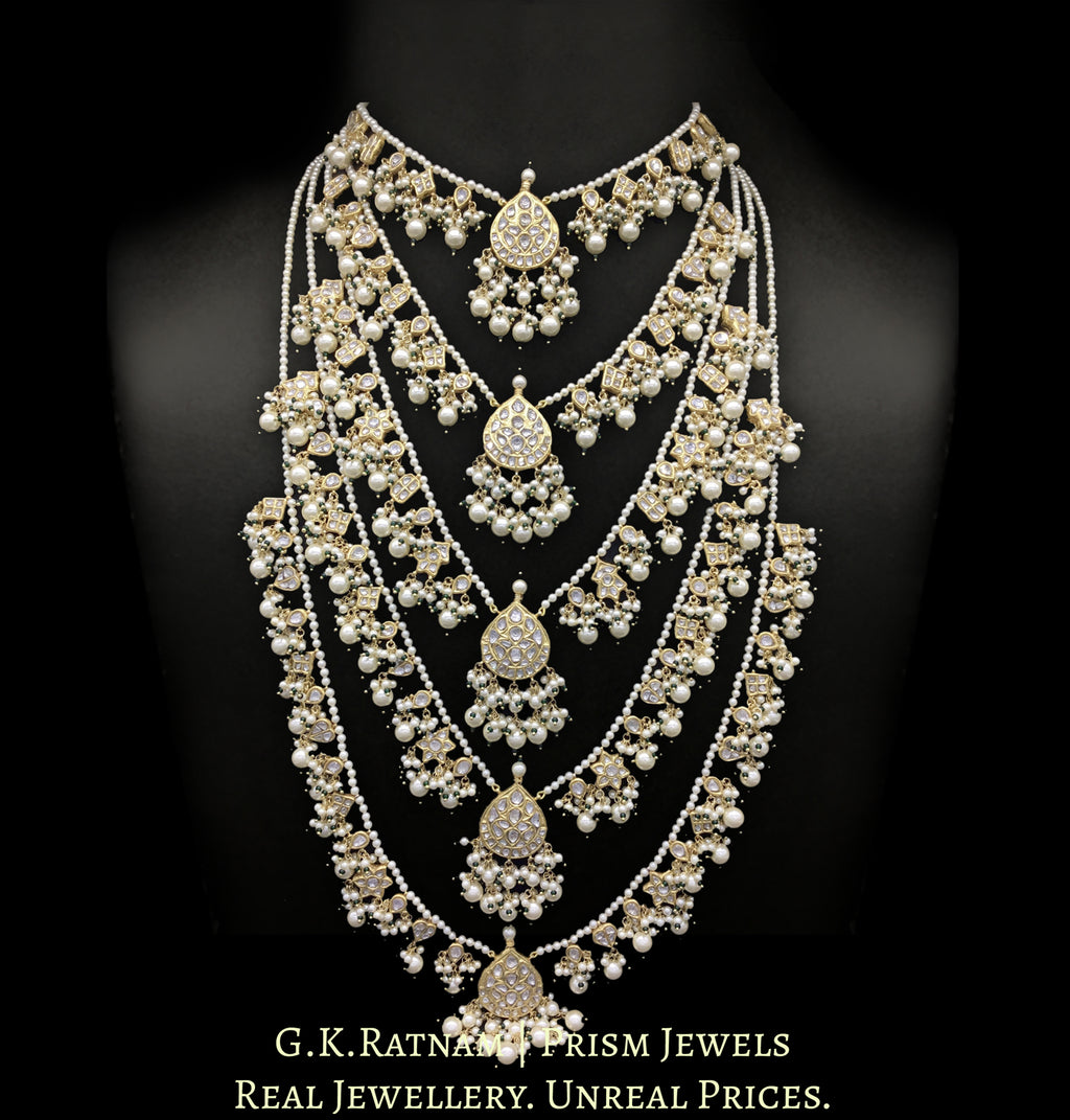 23k Gold and Diamond Polki panch-lad (five-row) Necklace with Lustrous Pearls and a touch of green