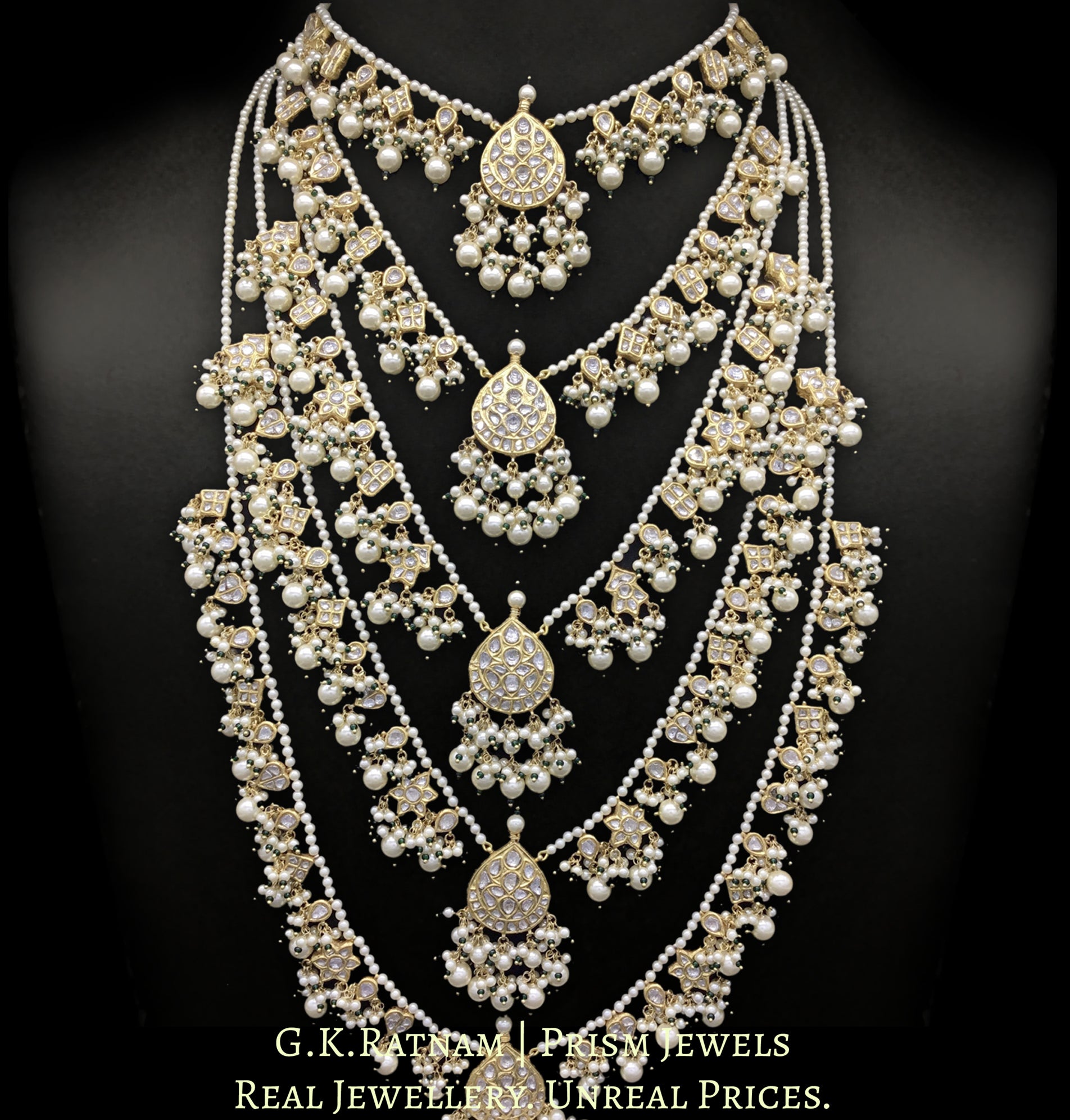 23k Gold and Diamond Polki panch-lad (five-row) Necklace with Lustrous Pearls and a touch of green
