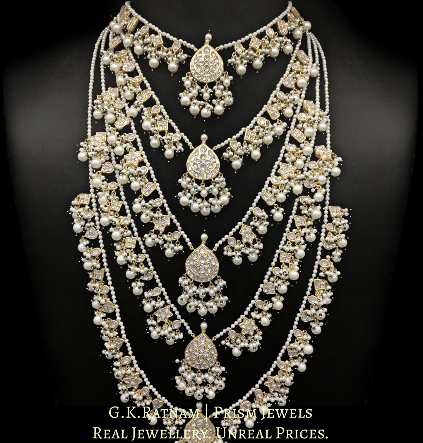 23k Gold and Diamond Polki panch-lad (five-row) Necklace with Lustrous Pearls and a touch of green - G. K. Ratnam