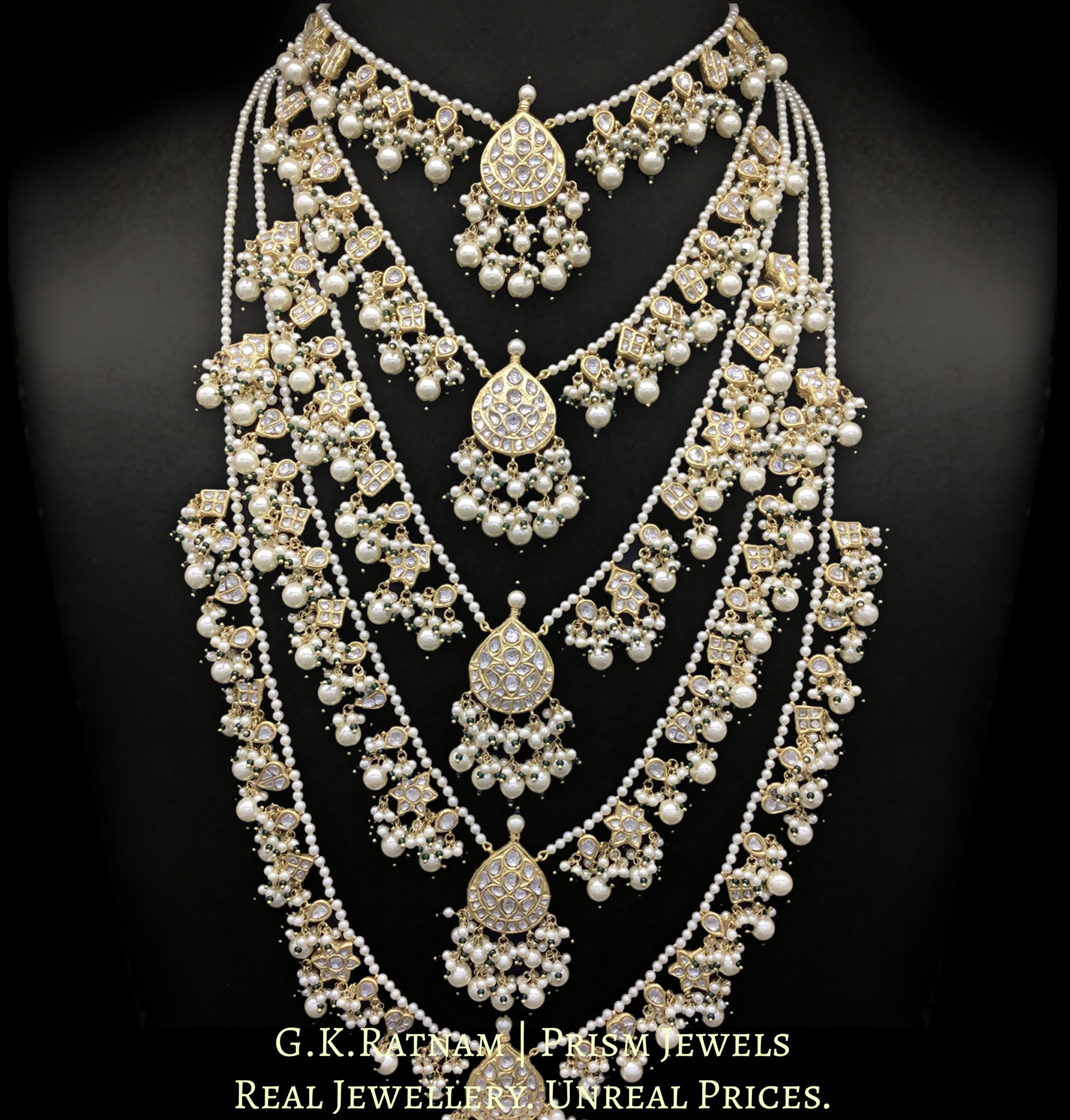 23k Gold and Diamond Polki panch-lad (five-row) Necklace with Lustrous Pearls and a touch of green - G. K. Ratnam