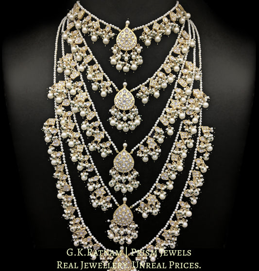23k Gold and Diamond Polki panch-lad (five-row) Necklace with Lustrous Pearls and a touch of green - G. K. Ratnam