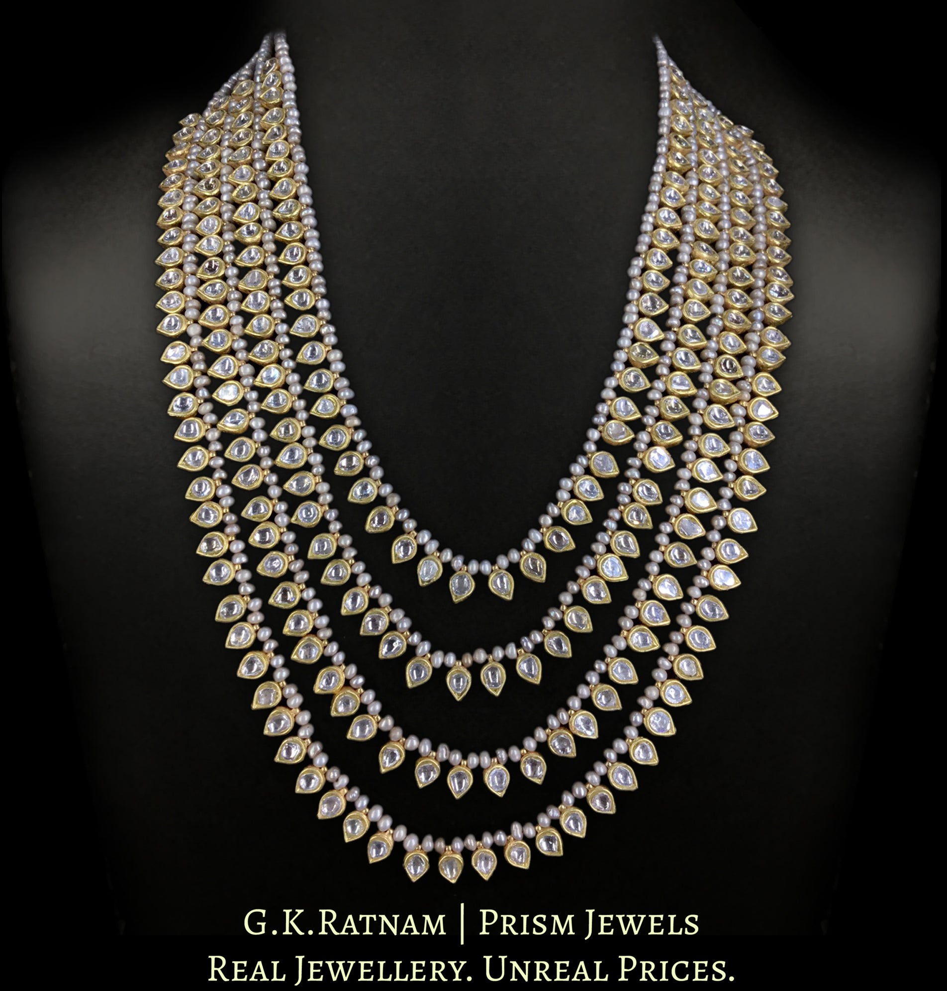 23k Gold and Diamond Polki Chaar-Lad (four-row) Necklace with Antiqued Freshwater Pearls