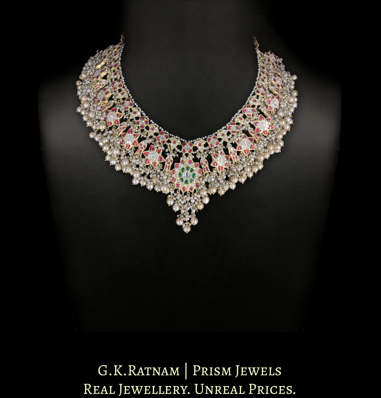 23k Gold and Diamond Polki south-style Long Necklace with Antiqued Freshwater Pearls - G. K. Ratnam