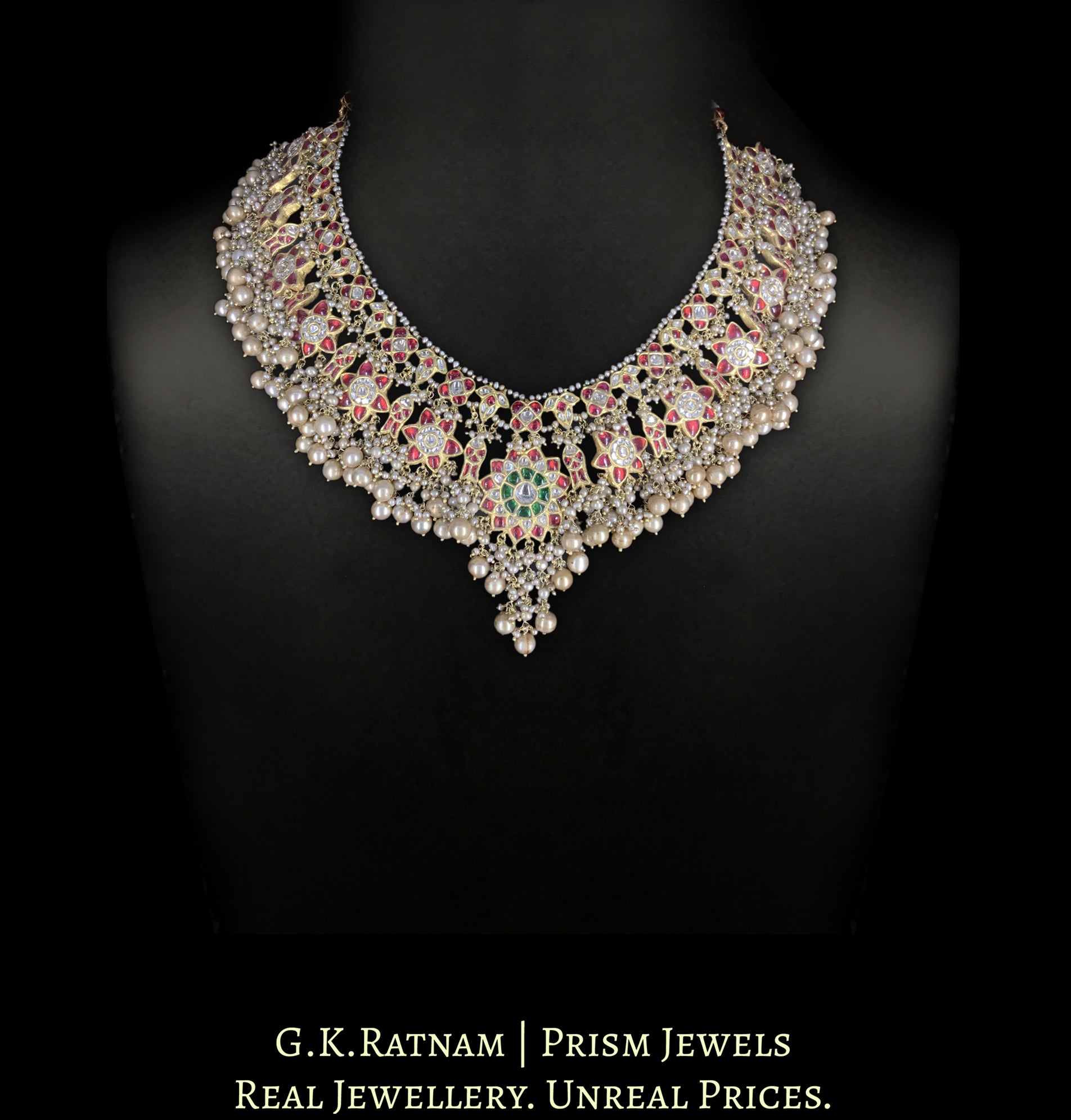 23k Gold and Diamond Polki south-style Long Necklace with Antiqued Freshwater Pearls - G. K. Ratnam