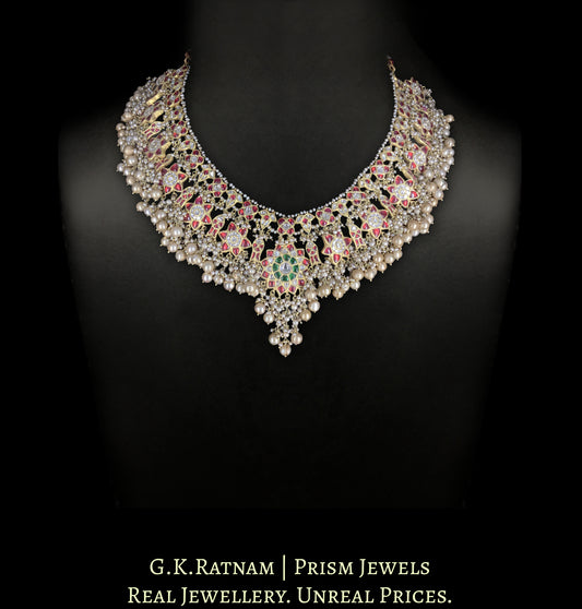 23k Gold and Diamond Polki south-style Long Necklace with Antiqued Freshwater Pearls - G. K. Ratnam