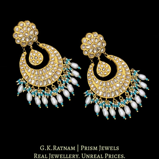 23k Gold and Diamond Polki Chand Bali Earring pair with freshwater rice pearls and a hint of firoza
