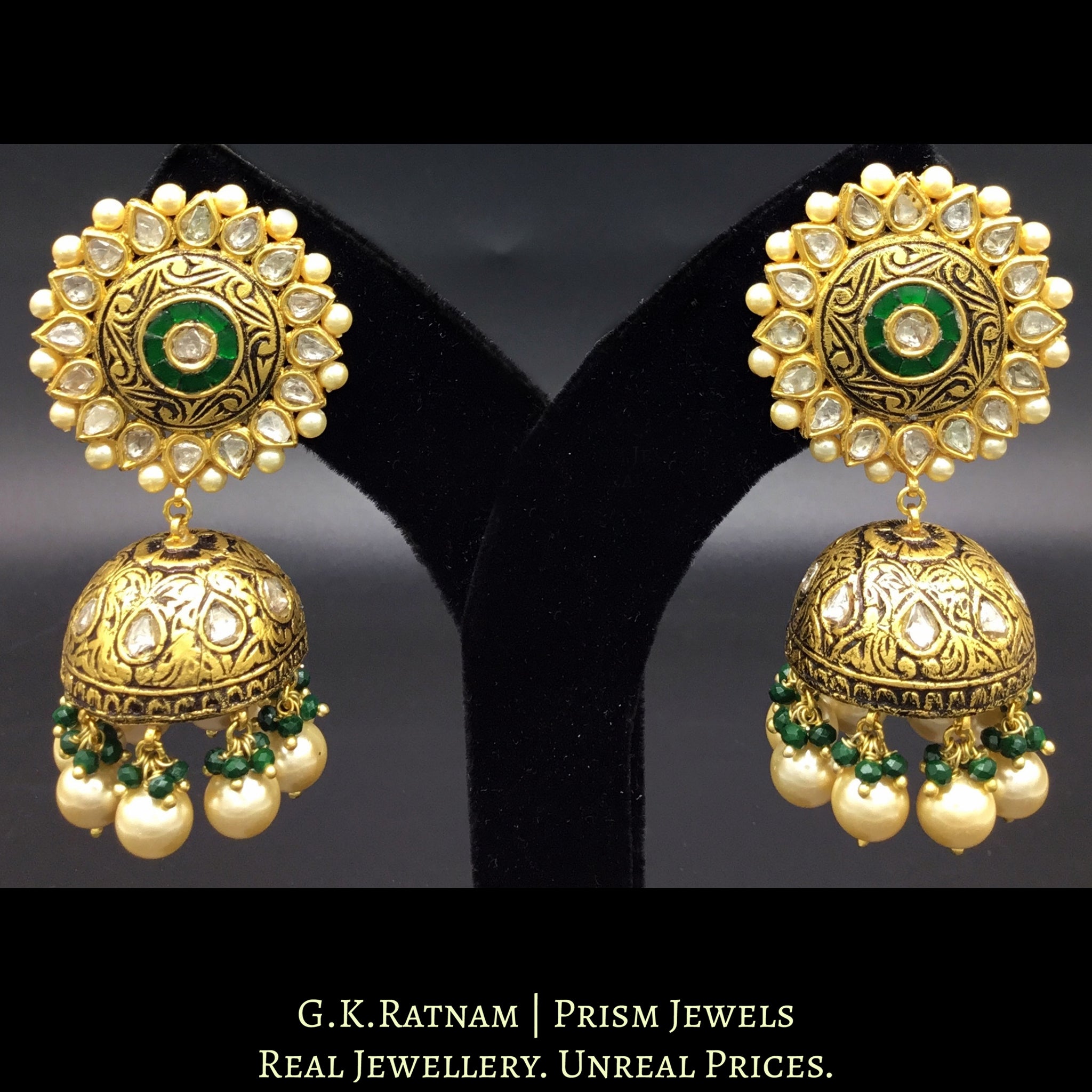 23k Gold and Diamond Polki Antique Karanphool and Jhumki Earring Pair with intricate goldwork