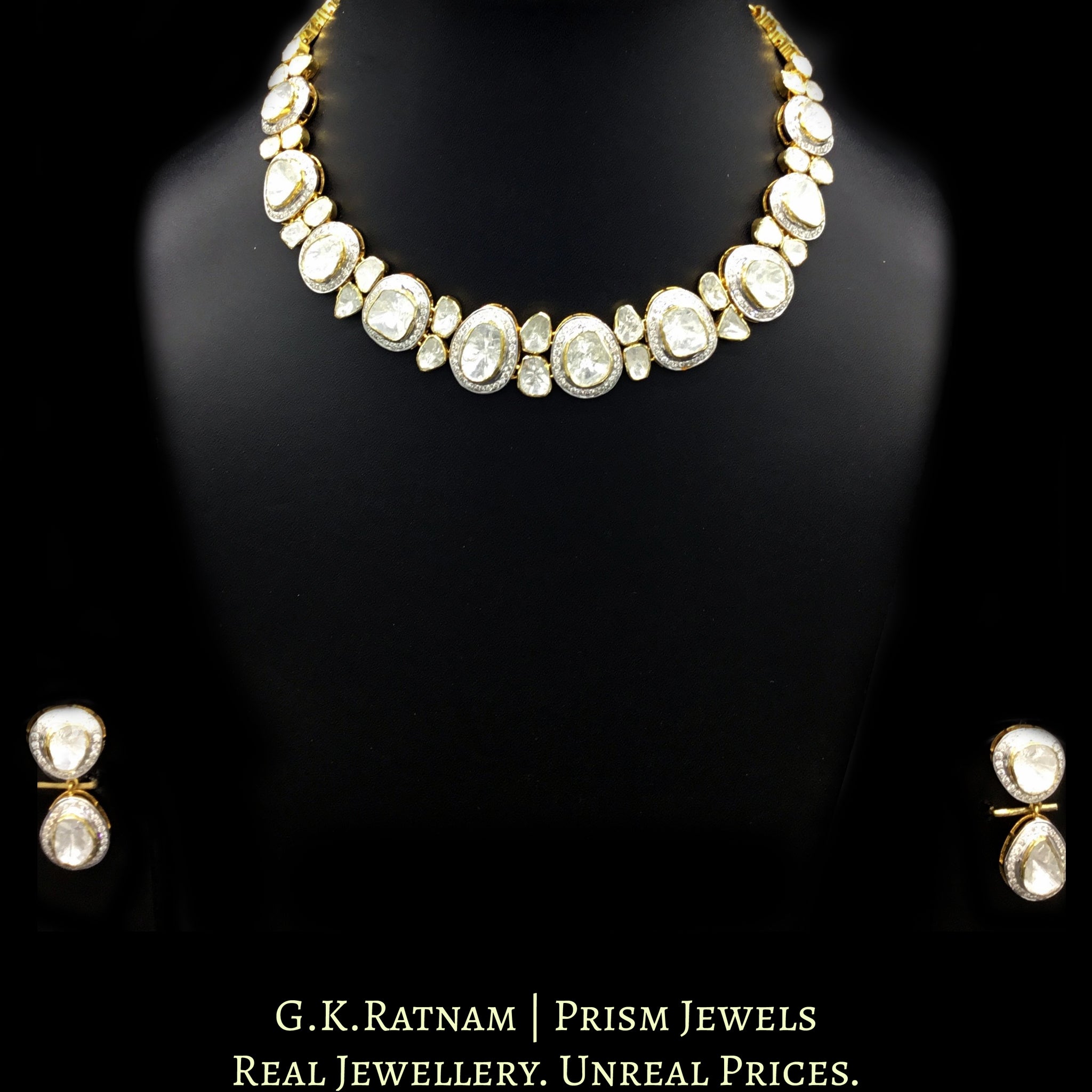 14k Gold and Diamond Polki Open Setting Necklace Set with far sized uncut diamonds
