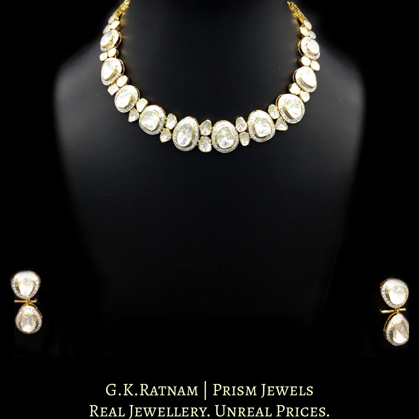 14k Gold and Diamond Polki Open Setting Necklace Set with far sized uncut diamonds - G. K. Ratnam