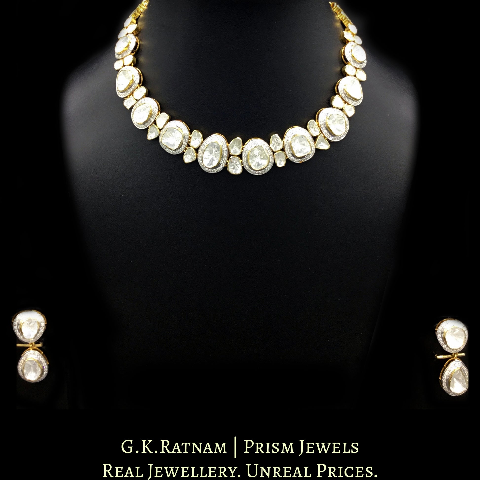14k Gold and Diamond Polki Open Setting Necklace Set with far sized uncut diamonds - G. K. Ratnam