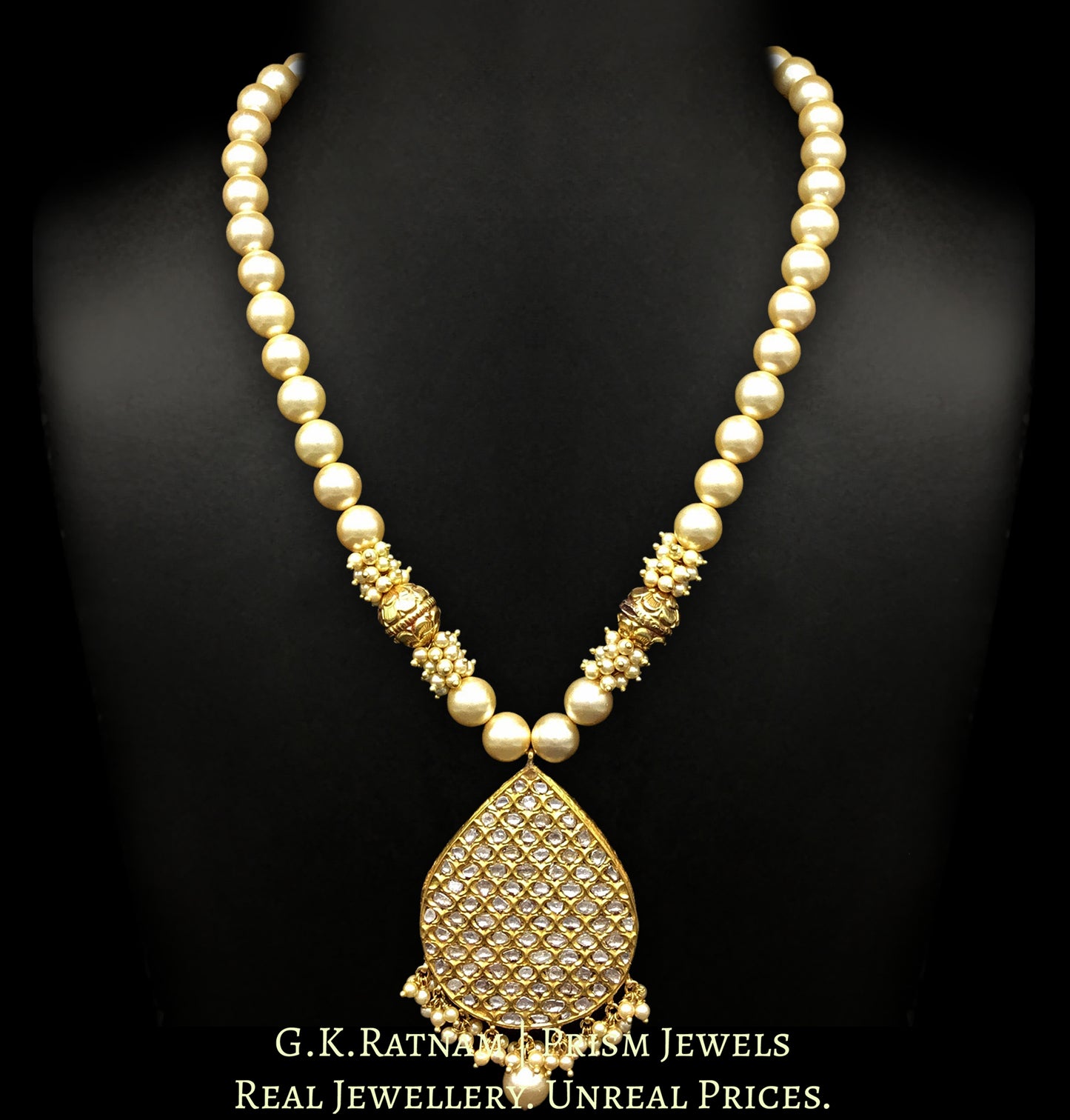 23k Gold and Diamond Polki tilak (pear) shaped Pendant with pearls and hand carved golden balls