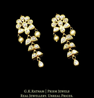 Traditional Gold and Diamond Polki Long Earring Pair with floral tops and leafy hangings - G. K. Ratnam